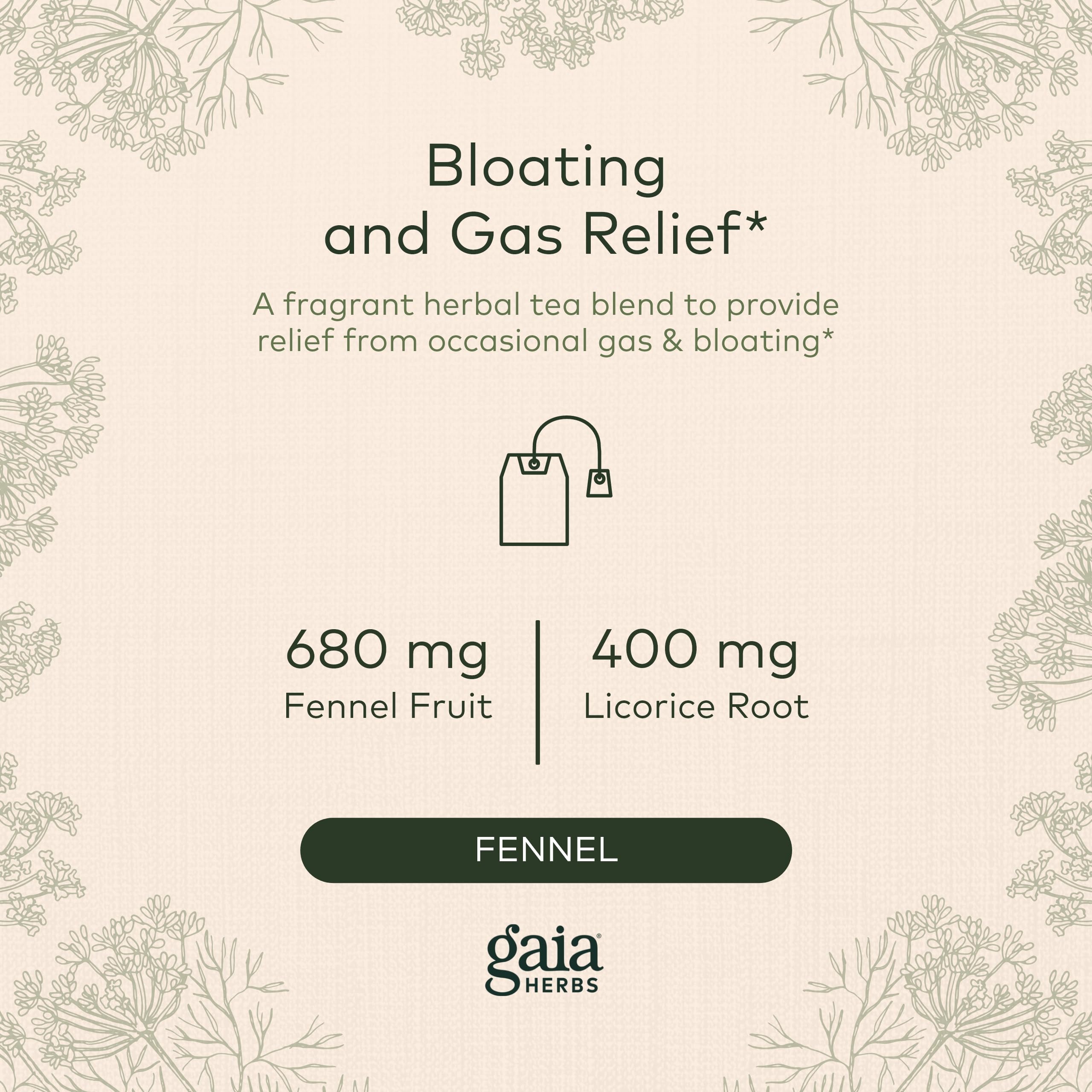 Gaia Herbs Gas & Bloating Herbal Tea - Supports Relief for Digestive Discomfort, Gas & Bloating - With Fennel, Licorice Root, Chamomile & More - 16 Caffeine-Free Herbal Tea Bags (1 Box of 16 Bags)