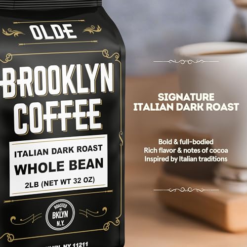 BROOKLYN COFFEE Whole Bean, Italian Dark Roast (2lb) Extra Strong, Delicious Taste, Heavenly Aroma - Fresh Bulk Coffee Beans Roasted Weekly in NYC