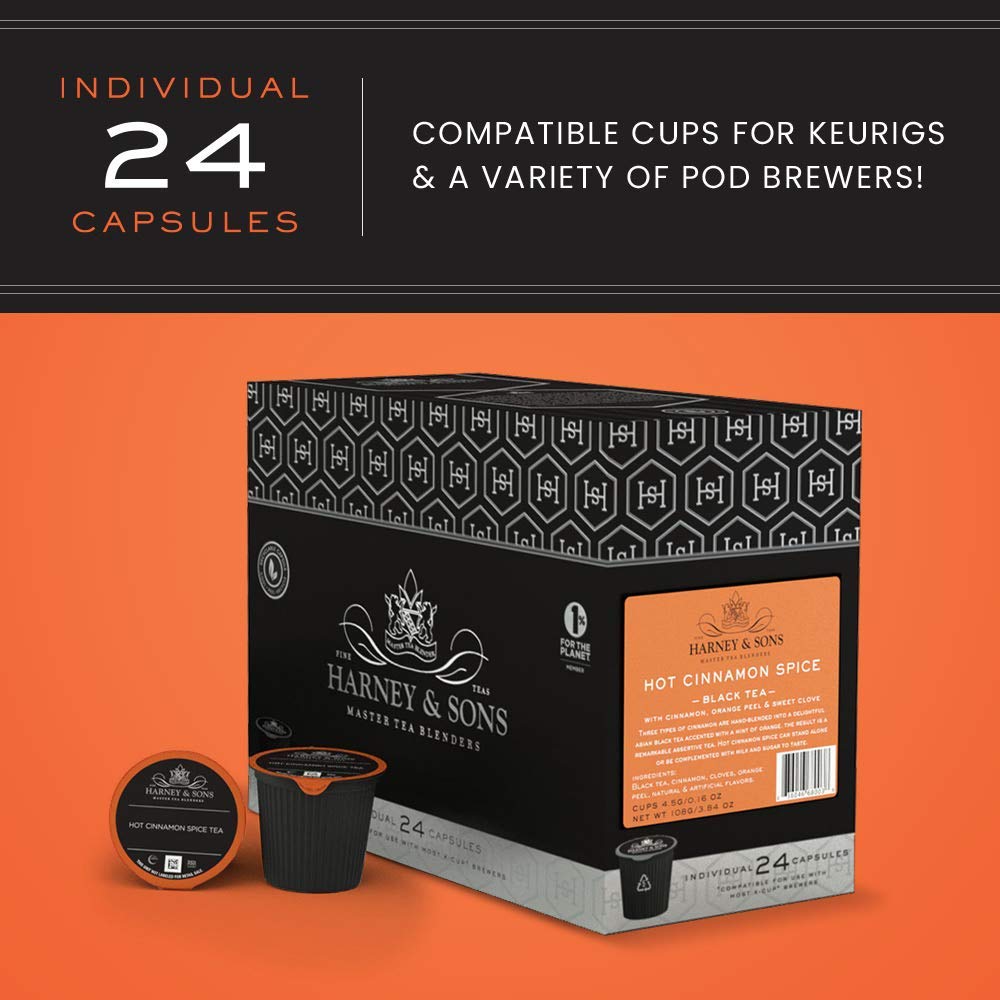 Harney and Sons Hot Cinnamon Spice Single Serve Tea Pods, 96 Pack | Compatible with Keurig K Cup Brewers | No Sugar Added | One Capsule Per Cup