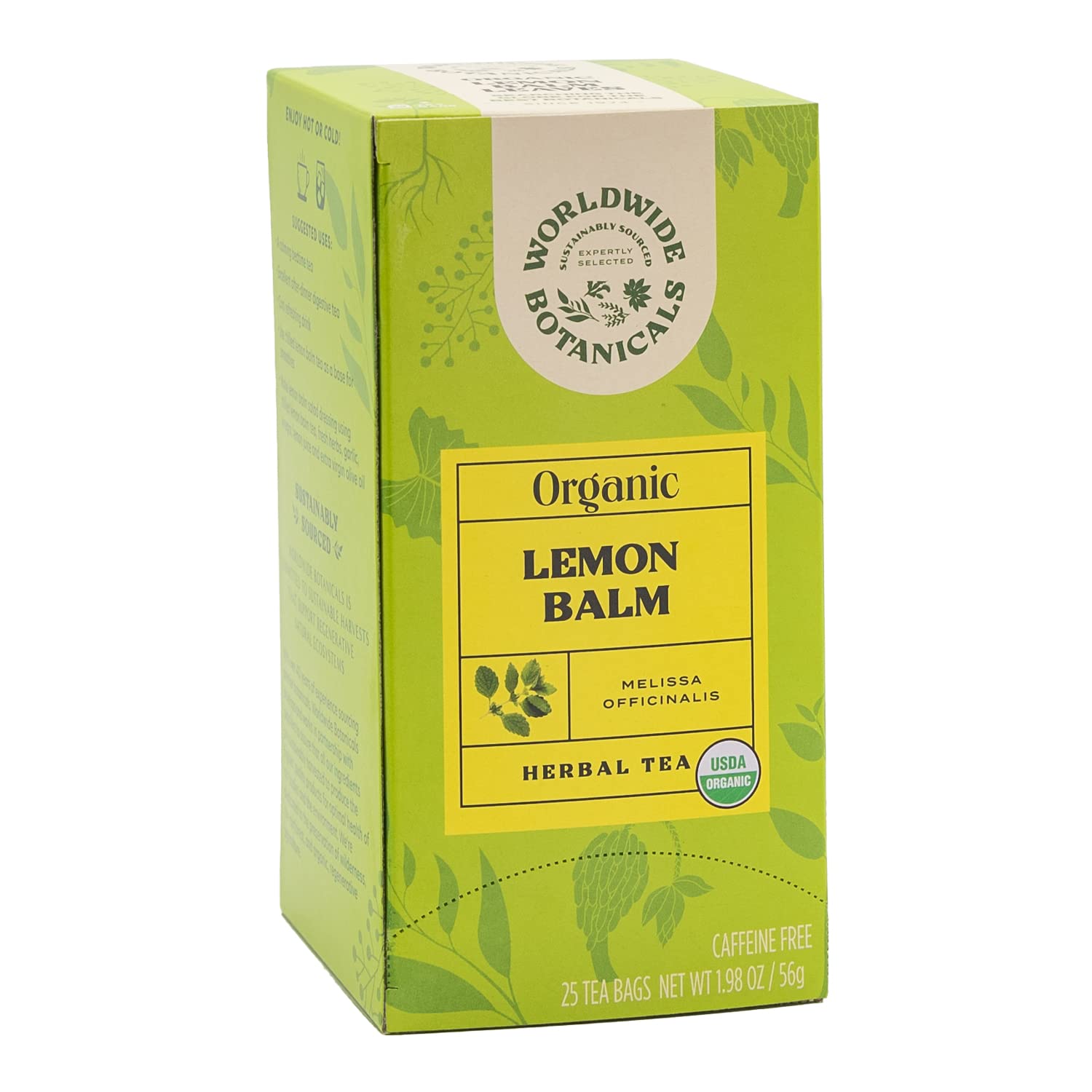 Worldwide Botanicals Organic Lemon Balm Tea - 50% more herbs with 2.25g per tea bag - 100% Pure Lemon Balm Leaves, Kosher, 25 tea bags