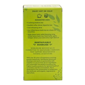 Worldwide Botanicals Organic Lemon Balm Tea - 50% more herbs with 2.25g per tea bag - 100% Pure Lemon Balm Leaves, Kosher, 25 tea bags