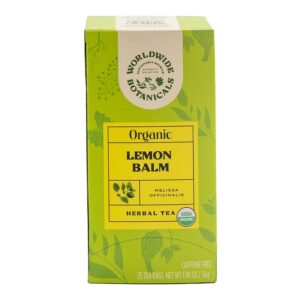 Worldwide Botanicals Organic Lemon Balm Tea - 50% more herbs with 2.25g per tea bag - 100% Pure Lemon Balm Leaves, Kosher, 25 tea bags