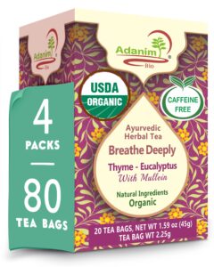 adanim bio eucalyptus thyme & mullein leaf tea bags - organic gourmet de-congest lung health respiratory support herbal teas blend (pack of 4) best breathe deep