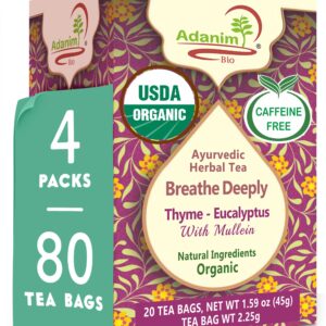 Adanim Bio Eucalyptus Thyme & Mullein Leaf Tea Bags - Organic Gourmet De-Congest Lung Health Respiratory Support Herbal Teas Blend (Pack of 4) Best Breathe Deep