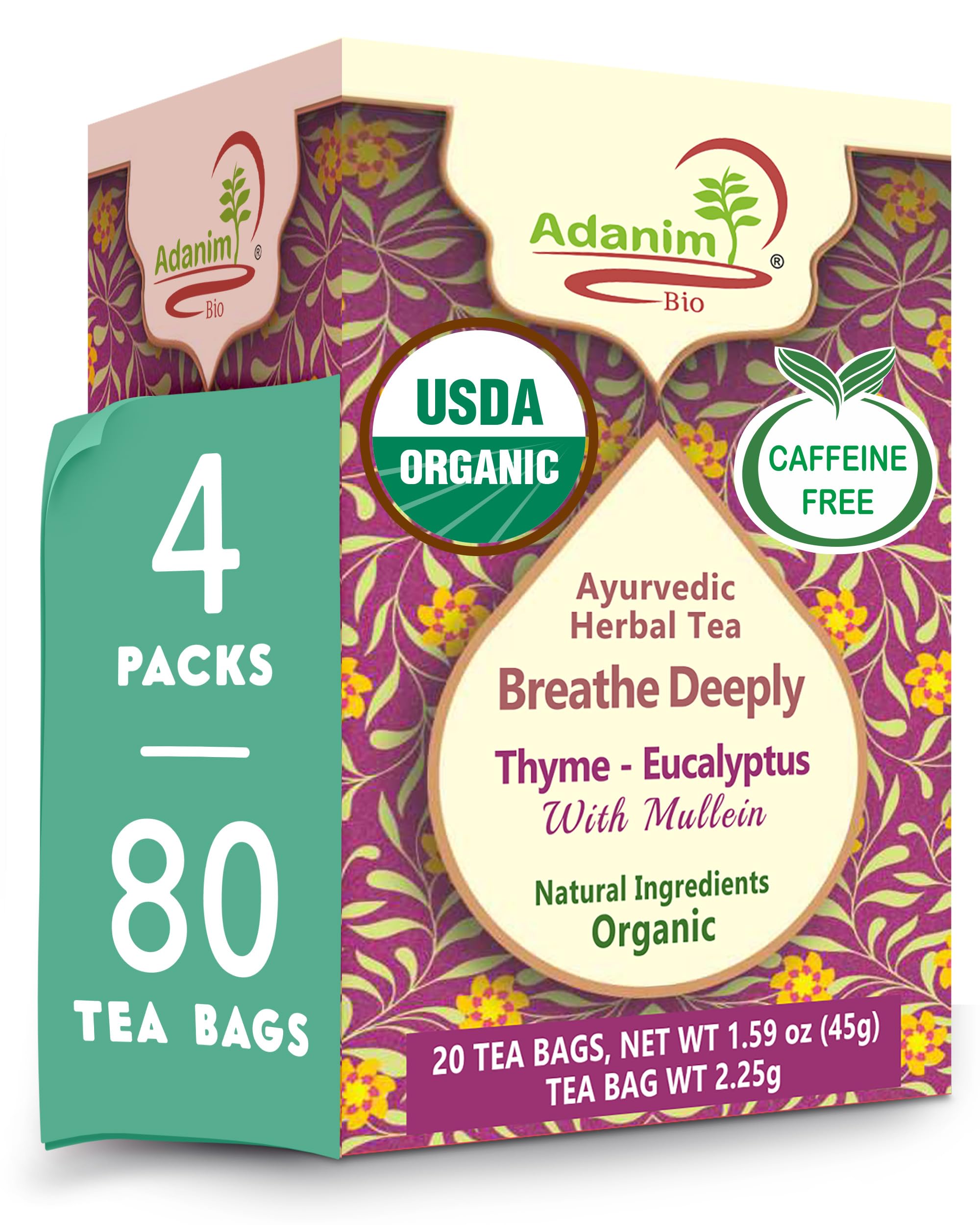 Adanim Bio Eucalyptus Thyme & Mullein Leaf Tea Bags - Organic Gourmet De-Congest Lung Health Respiratory Support Herbal Teas Blend (Pack of 4) Best Breathe Deep