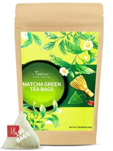 teelux matcha green tea bags, classic premium japanese matcha + sencha green tea, super antioxidant, zero calories, caffeinated, 100 count