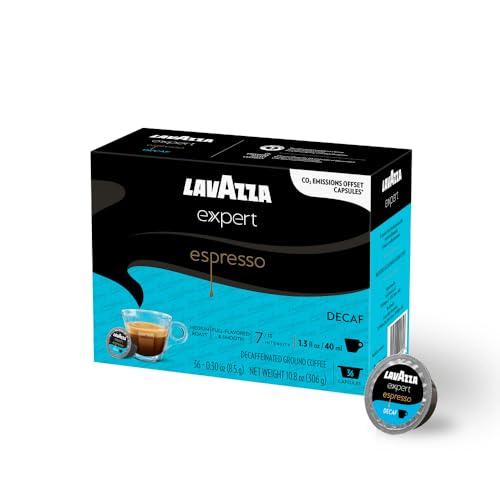 Lavazza Expert Espresso Decaf Coffee Capsules, Full-bodied, Medium Roast, Arabica, Robusta, notes of chocolate, Intensity 7 out of 13, Espresso Preparation, Blended and Roasted in Italy, (36 Capsules)