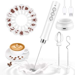 hovico milk frother quiet hand held frother whisk, usb recharge able 3 speeds for cappuccino,lattes,egg mix, matcha, hot chocolate, 3 stainless steel whisks(16pcs art stencils free) (white)
