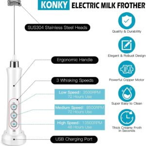 Hovico Milk Frother quiet Hand held Frother Whisk, USB Recharge able 3 Speeds for Cappuccino,Lattes,Egg Mix, Matcha, Hot Chocolate, 3 Stainless Steel Whisks(16Pcs Art Stencils Free) (White)