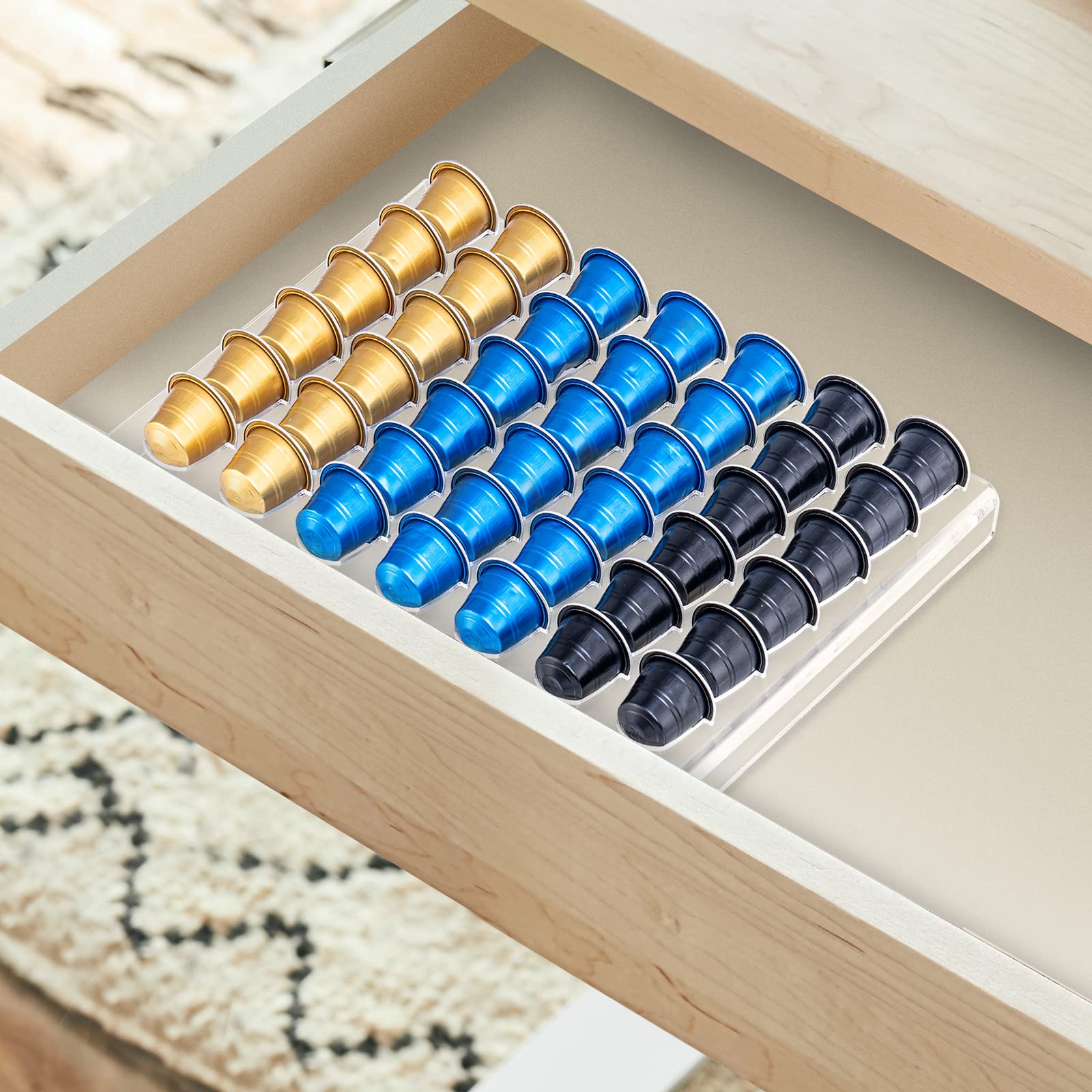 Sumerflos Coffee Pod Storage Organizer Tray Drawer, Holds 42 Capsules Compatible with Nespresso original pods Insert for Kitchen Home Office Capsule Drawer Capsule Holder and Organizer - Clear