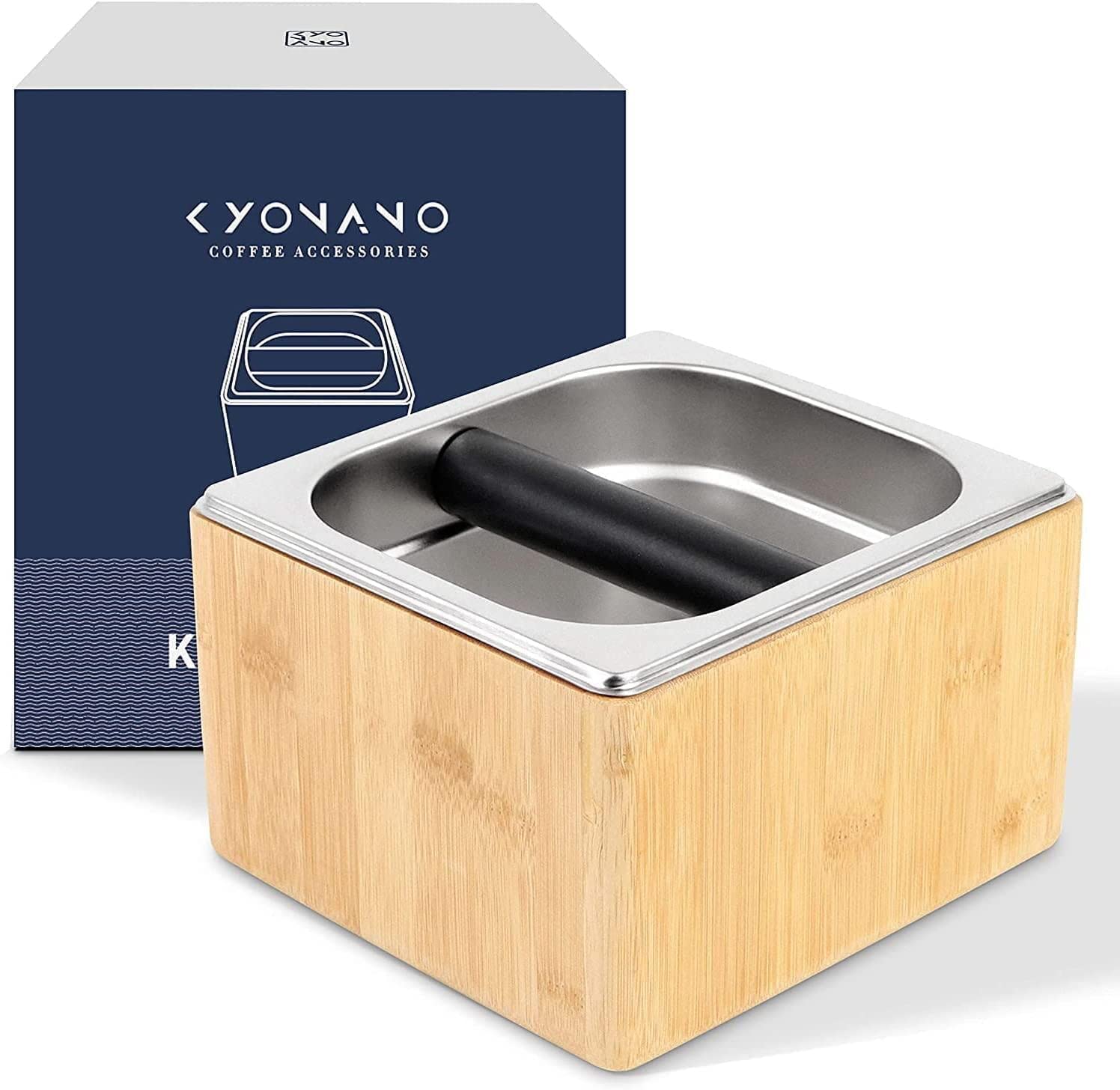 KYONANO Knock Box, Espresso Accessories, Espresso Knock Box, Coffee Knock Box with Durable Knock Bar and Non-Slip Base, Made of Bamboo and Stainless Steel, Knock Boxes Breville Machine Accessories