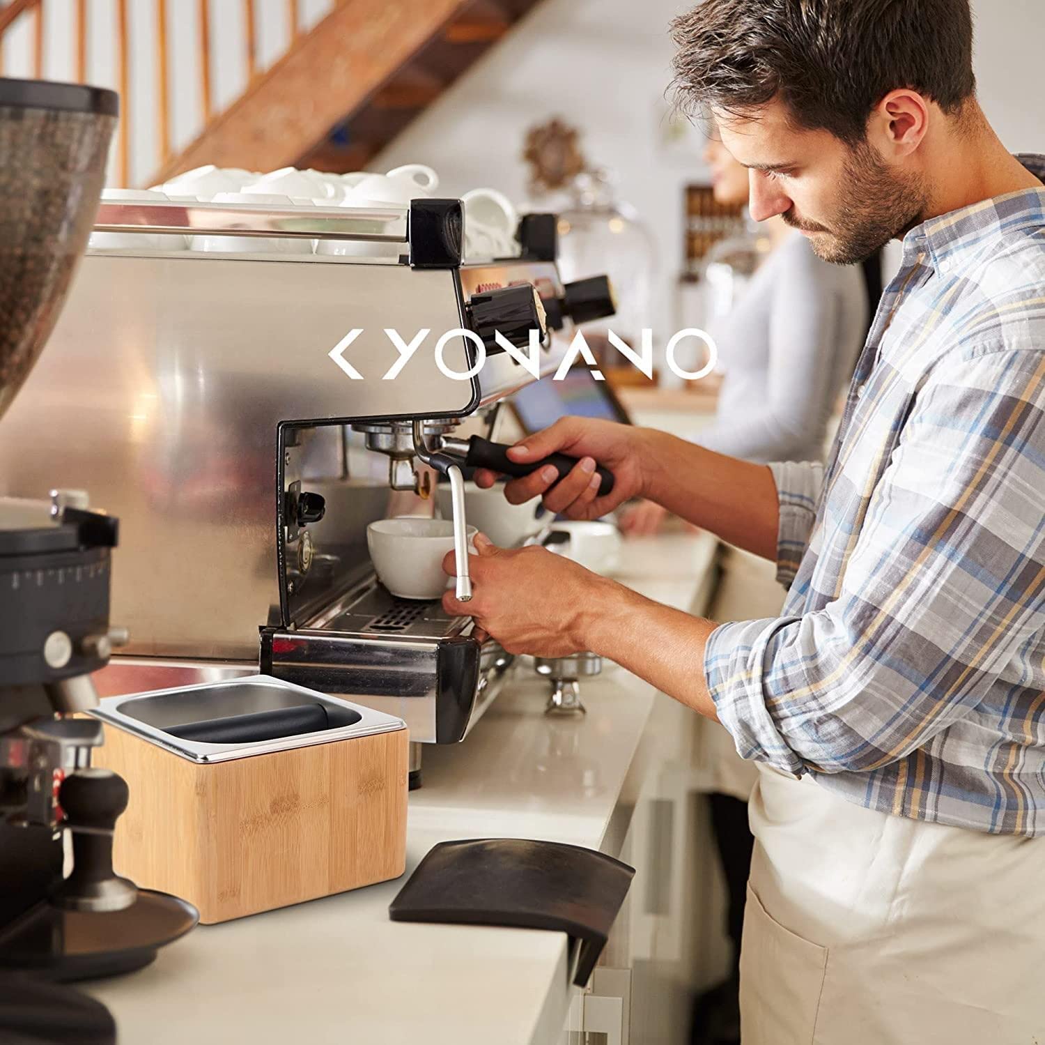 KYONANO Knock Box, Espresso Accessories, Espresso Knock Box, Coffee Knock Box with Durable Knock Bar and Non-Slip Base, Made of Bamboo and Stainless Steel, Knock Boxes Breville Machine Accessories