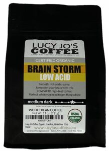 lucy jo's coffee, organic brainstorm, low acid, medium dark, whole bean 11 oz