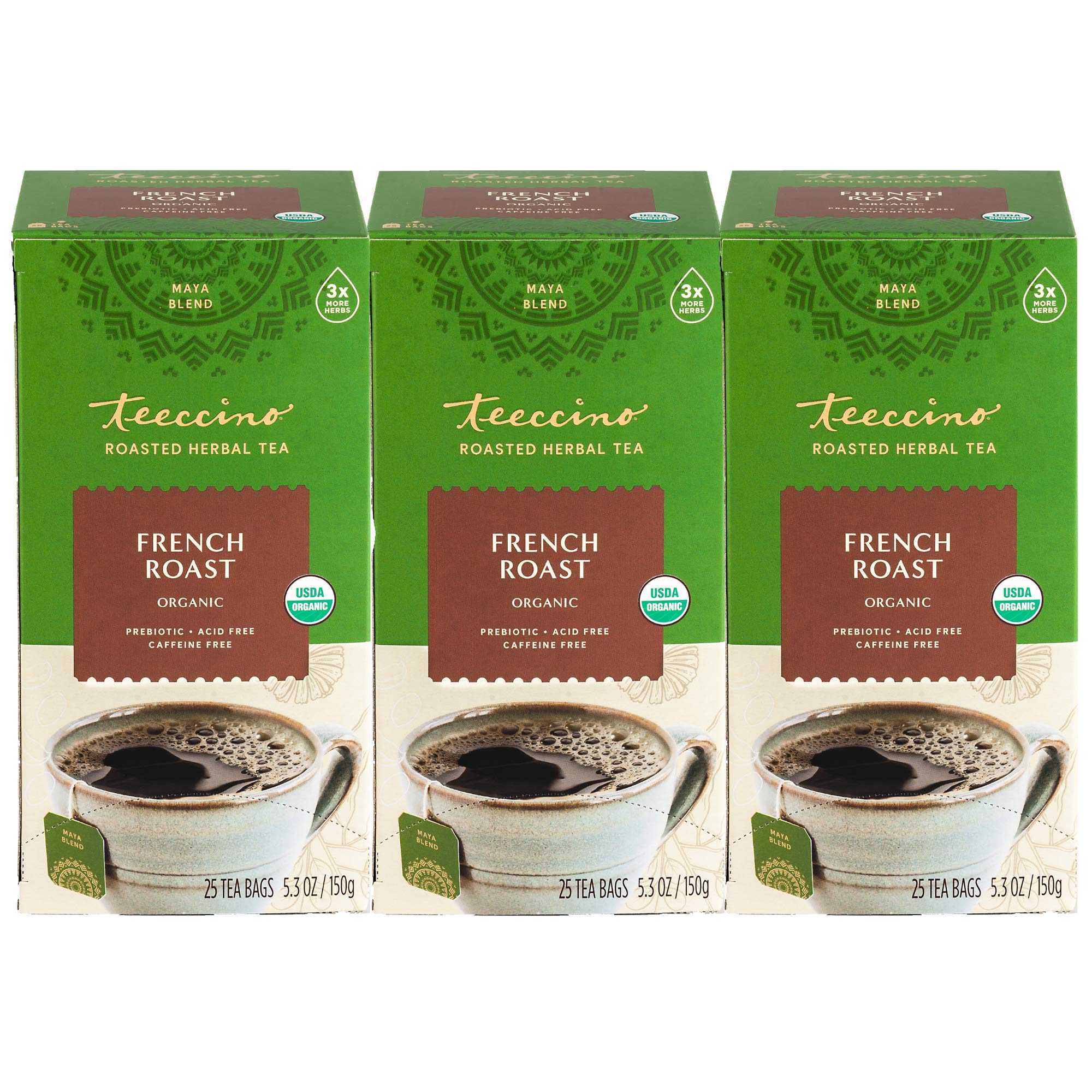 Teeccino French Roast Herbal Tea - Rich & Roasted Herbal Tea That’s Caffeine Free & Prebiotic for Natural Energy, Coffee Alternative, 25 Tea Bags (Pack of 3)