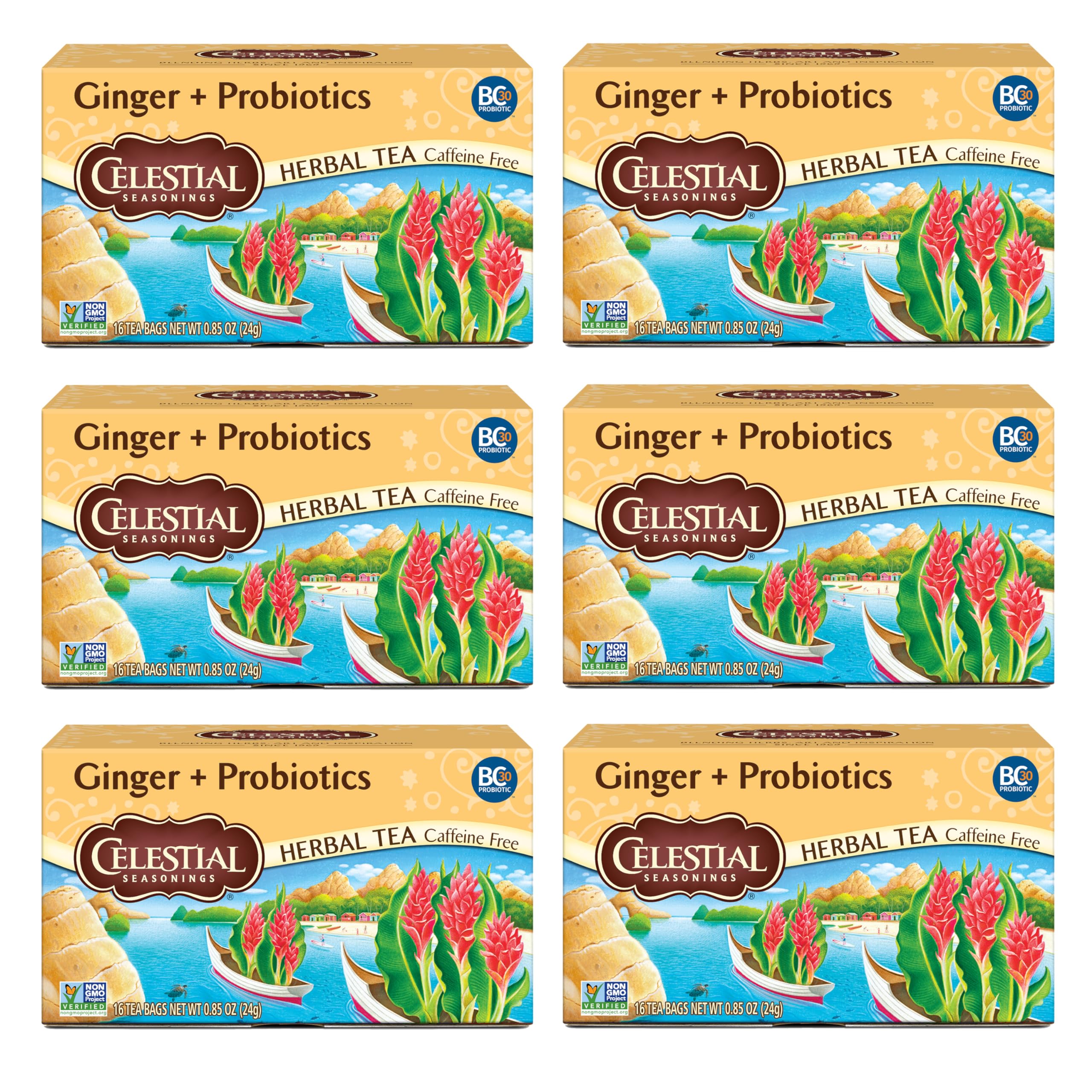 Celestial Seasonings Ginger + Probiotics Herbal Tea, Caffeine Free, 16 Tea Bags Box, (Pack of 6)