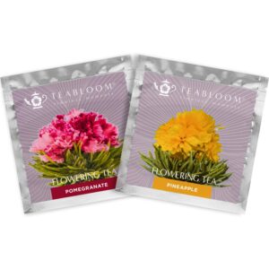 blooming tea flowers - pomegranate & pineapple flowering teas – hand-tied flowering tea balls - each tea blossom can be used multiple times (2-pack)