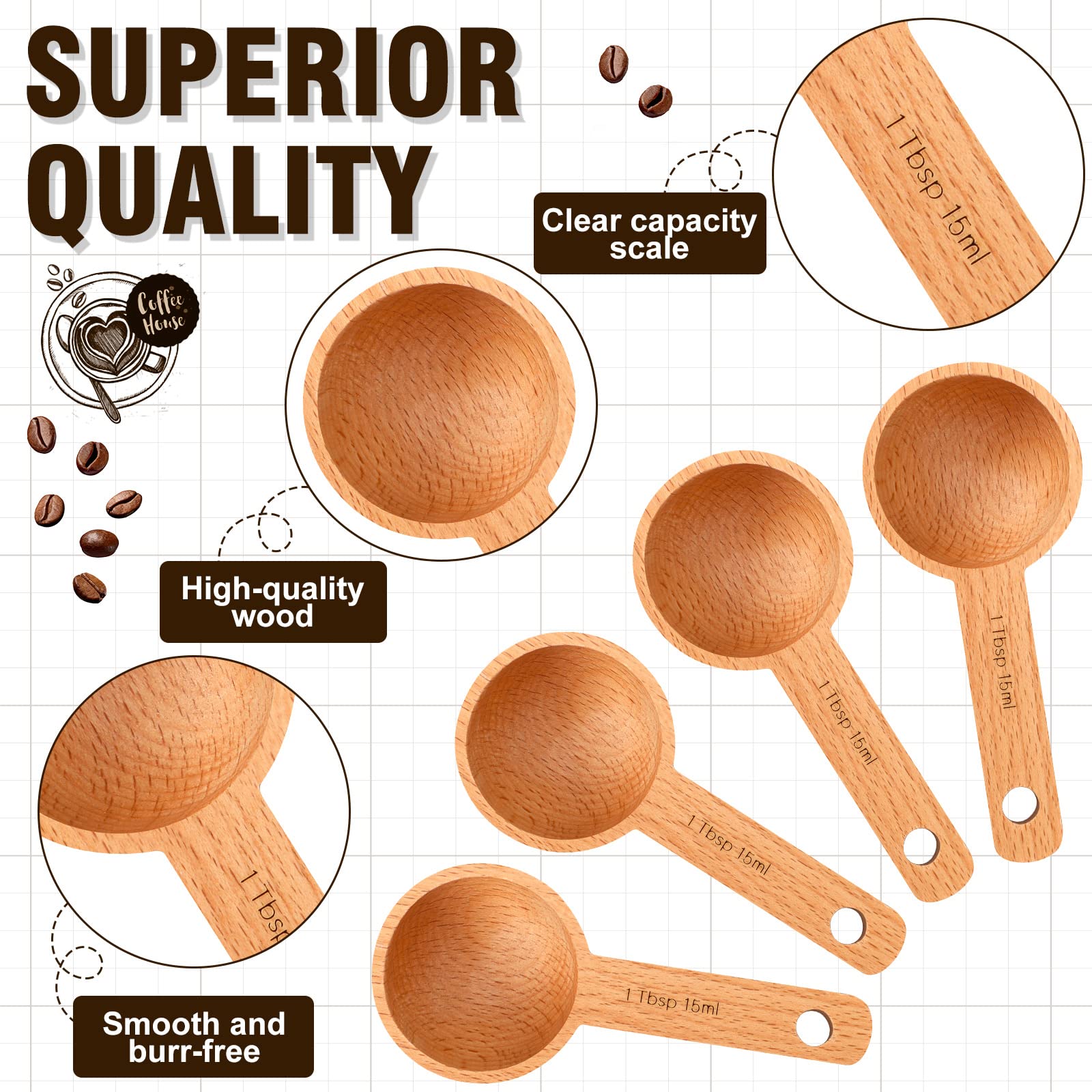 4 Pieces Coffee Scoop Wooden Coffee Spoon in Beech, Wood Coffee Measure Scoop Wooden Tablespoon for Measuring Coffee Beans or Tea Home Kitchen Accessories (15 ml)