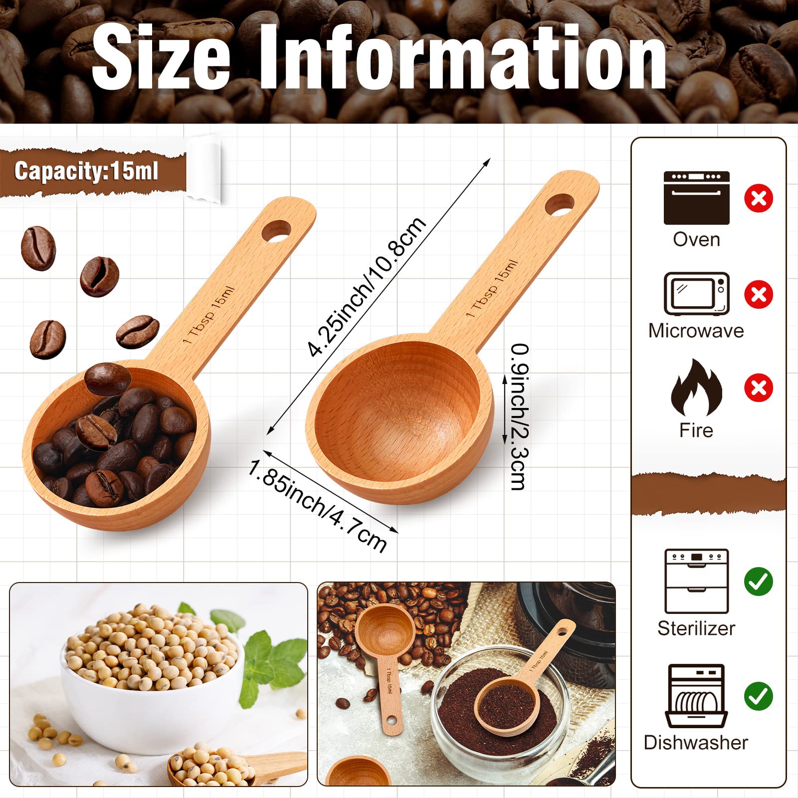 4 Pieces Coffee Scoop Wooden Coffee Spoon in Beech, Wood Coffee Measure Scoop Wooden Tablespoon for Measuring Coffee Beans or Tea Home Kitchen Accessories (15 ml)