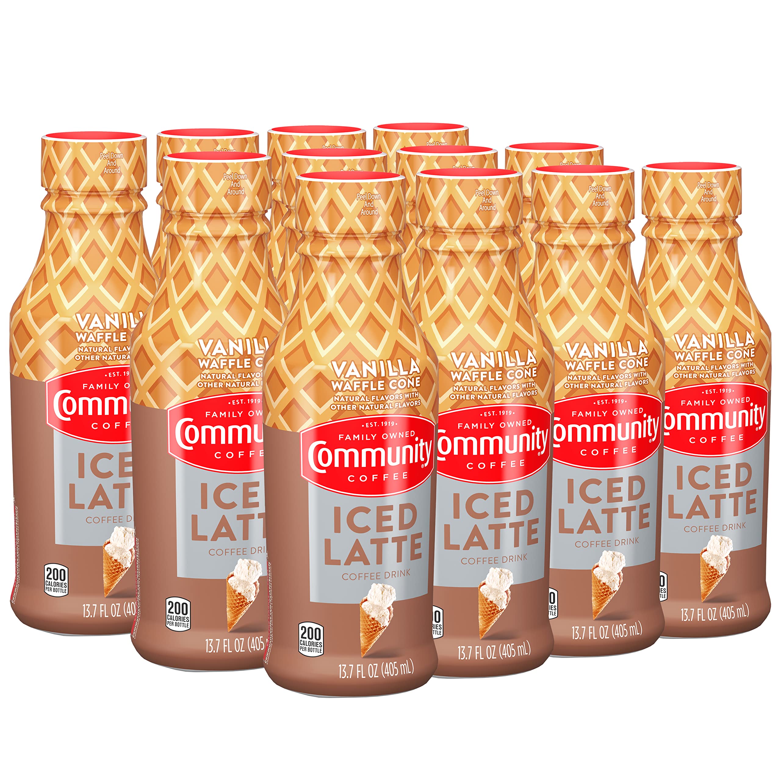 Community Coffee Vanilla Waffle Cone Iced Latte Ready To Drink, 13.7 Ounce Bottle (Pack of 12)