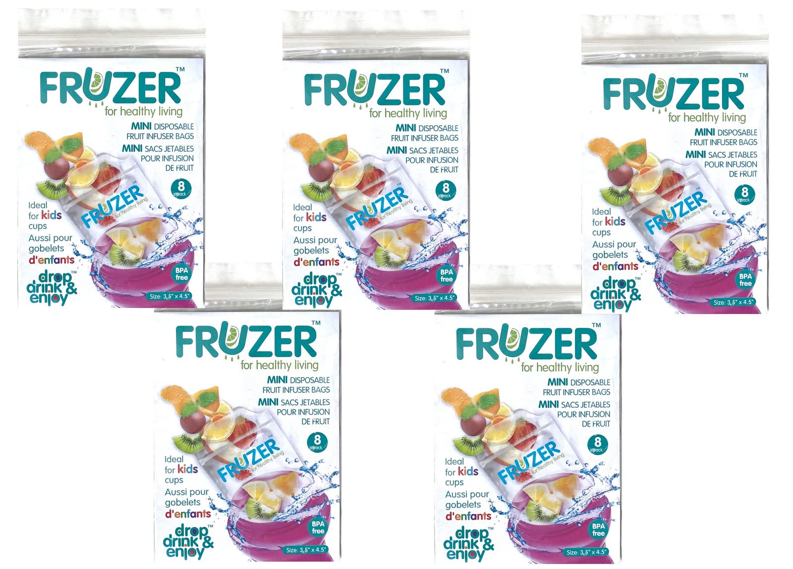 FRUZER Mini Disposable Fruit Infuser Bags (5 PK, each 8 Bags) Total 40 Bags - Refreshing & Beneficial - CLEAR & BPA-FREE