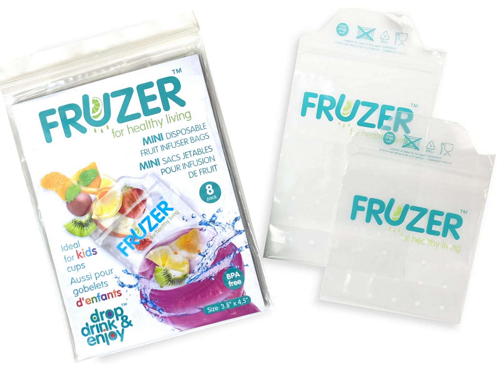 FRUZER Mini Disposable Fruit Infuser Bags (5 PK, each 8 Bags) Total 40 Bags - Refreshing & Beneficial - CLEAR & BPA-FREE