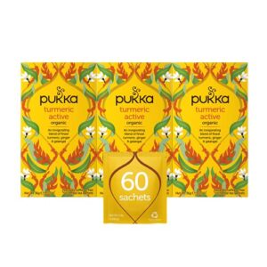 pukka organic tea bags, turmeric active herbal tea with ginger and galangal, perfect for active lifestyles, 20 count (pack of 3) 60 tea bags