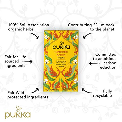 Pukka Organic Tea Bags, Turmeric Active Herbal Tea with Ginger and Galangal, Perfect for Active Lifestyles, 20 Count (Pack of 3) 60 Tea Bags