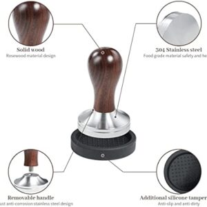 Coffee Tamper Espresso Press with Tamper Mat 304 Stainless Steel Flat Base Wooden Handle for Coffee Grounds Barista Espresso Machines Accessory (51MM)