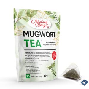 miralandberry dried mugwort tea, 20 individually wrapped sachets, hand picked tea leaves