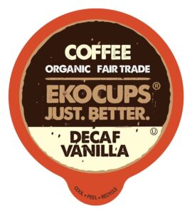 ekocups organic swiss water decaf french vanilla flavored coffee pods, extra 30% more coffee, fair trade medium roast, decaf vanilla coffee for keurig k cup machines, recyclable pods, 40 count