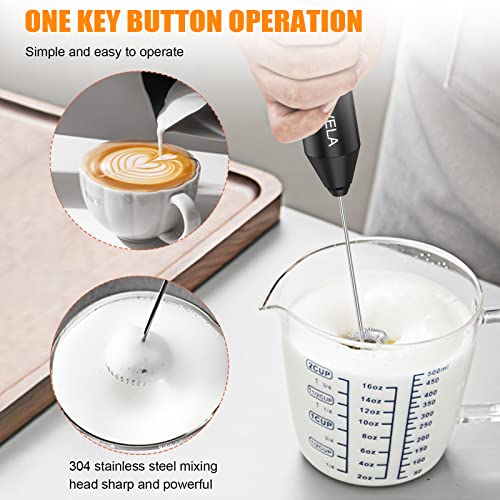 Milk Frother Handheld, Battery Operated Drink Mixer for Coffee, Handheld Electric Stirrer Foam Maker Whisk, Stainless Steel Milk Foamer for Coffee Latte, Cappuccino, Frappe, Matcha (Black)