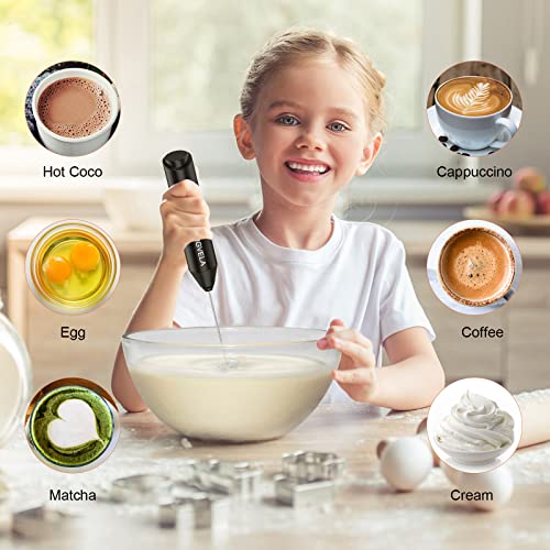 Milk Frother Handheld, Battery Operated Drink Mixer for Coffee, Handheld Electric Stirrer Foam Maker Whisk, Stainless Steel Milk Foamer for Coffee Latte, Cappuccino, Frappe, Matcha (Black)