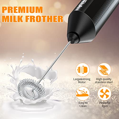 Milk Frother Handheld, Battery Operated Drink Mixer for Coffee, Handheld Electric Stirrer Foam Maker Whisk, Stainless Steel Milk Foamer for Coffee Latte, Cappuccino, Frappe, Matcha (Black)