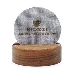 migoozi 58.5mm puck screen with stand - reusable 316l stainless steel filter screen compatible with espresso machine 58mm portafilter basket - can keeping shower screen clean (58.5mm)