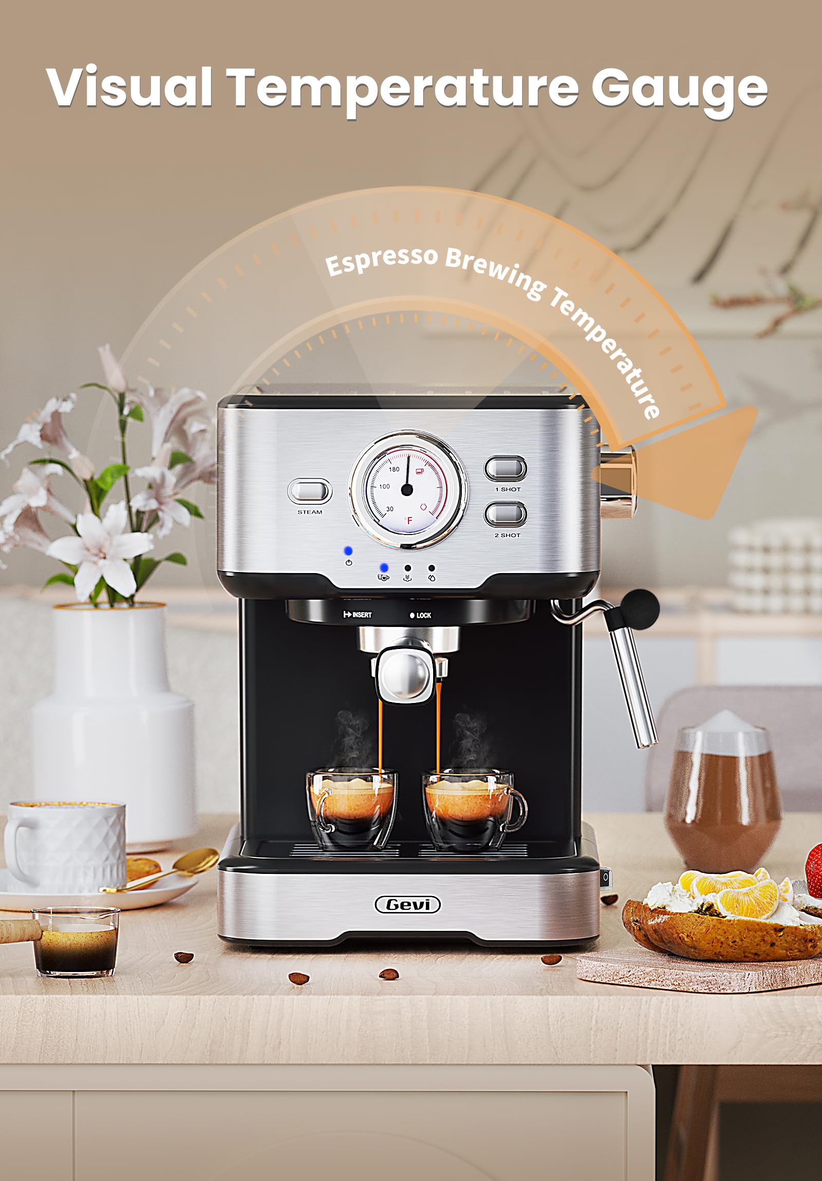 Gevi Espresso Machine High Pressure,compact espresso machines with Milk Frother Steam Wand,Professional Coffee，Cappuccino,Espresso,Latte,Macchiato Maker for home,espresso maker