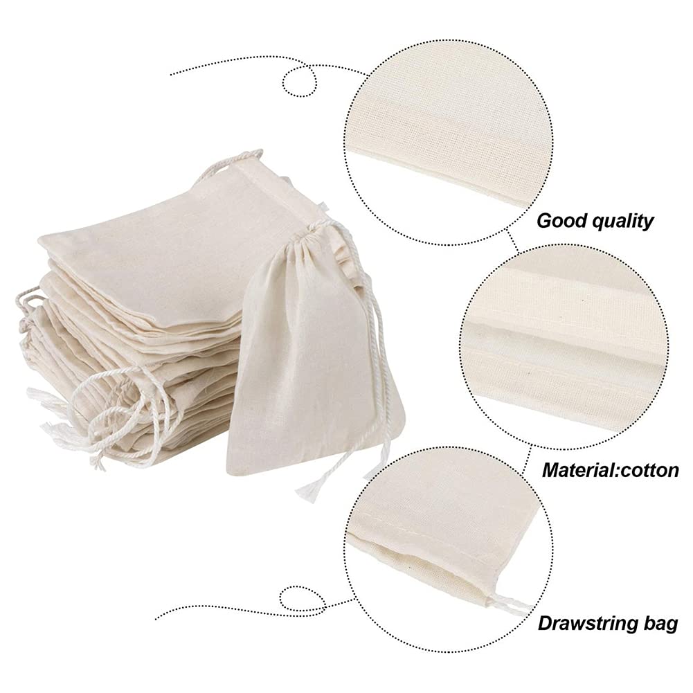 Cotton Drawstring Bags 100 Pieces, 3.94x3.15 Inches Unbleached Fabric Cloth Muslin Reusable Cotton Cheese Nut Milk Bags Tea Bags Spice Bags Muslin Bags with Drawstring for Spice, Tea, Coffee