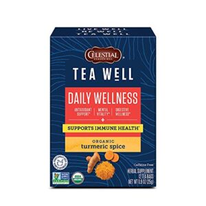 celestial seasonings teawell herbal tea, daily wellness, organic turmeric spice, 12 count (pack of 6) (packaging may vary)