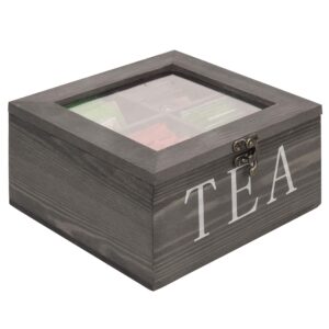 mygift rustic gray solid wood tea box organizer with 4 compartments, teabag storage chest with clear acrylic lid and latch