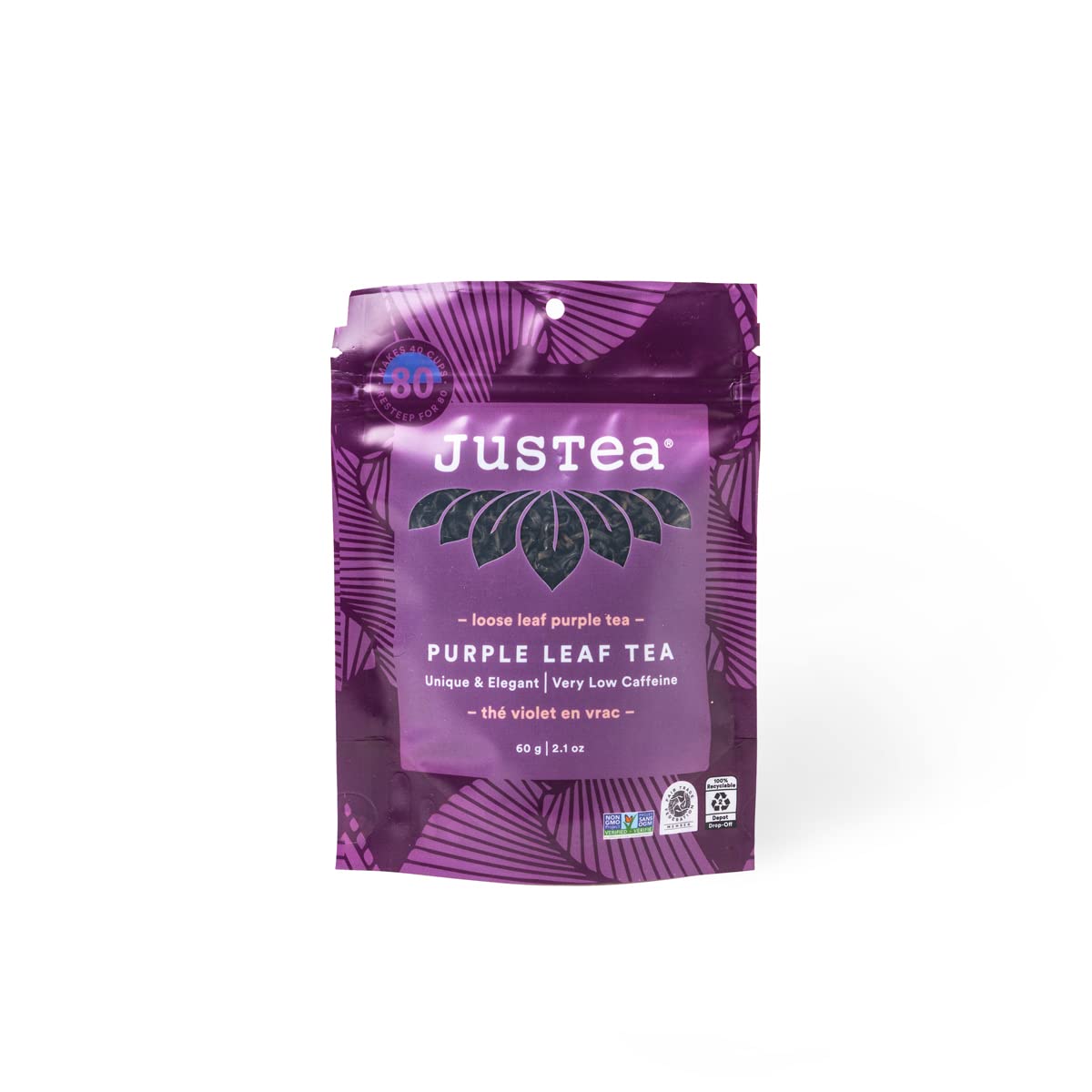 JusTea PURPLE LEAF TEA | Loose Leaf Purple Tea | Recyclable Refill Pouch | 40+ Cups (2.1oz) | Low Caffeine | Award-Winning | Fair Trade | Non-GMO