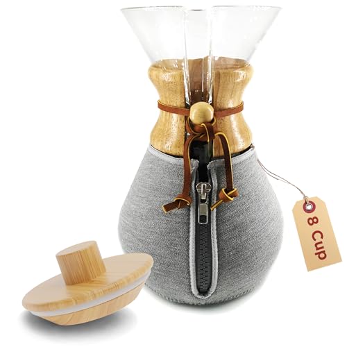 HEXNUB – 8 Cup Cozy and Lid for Chemex Collar and Handle Pour Over Glass Coffeemaker Carafes – Insulated Sleeve Keeps Coffee Warmer or Colder