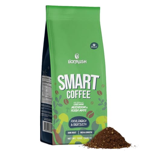 Yerba Mate Coffee with Lion's Mane Mushroom by Lion Rush - Enhanced Ground Dark Roast - Increase Energy, Focus & Creativity - Low Acid, High Antioxidants, Keto, Reduce Cravings, Non-GMO - 12 oz Pack