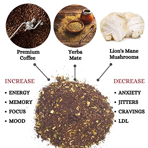 Yerba Mate Coffee with Lion's Mane Mushroom by Lion Rush - Enhanced Ground Dark Roast - Increase Energy, Focus & Creativity - Low Acid, High Antioxidants, Keto, Reduce Cravings, Non-GMO - 12 oz Pack