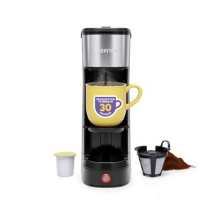 chefman instacoffee max, the easiest way to brew the boldest single-serve coffee, use fresh and flavorful grounds or k-cups with a convenient built-in lift, black/stainless steel