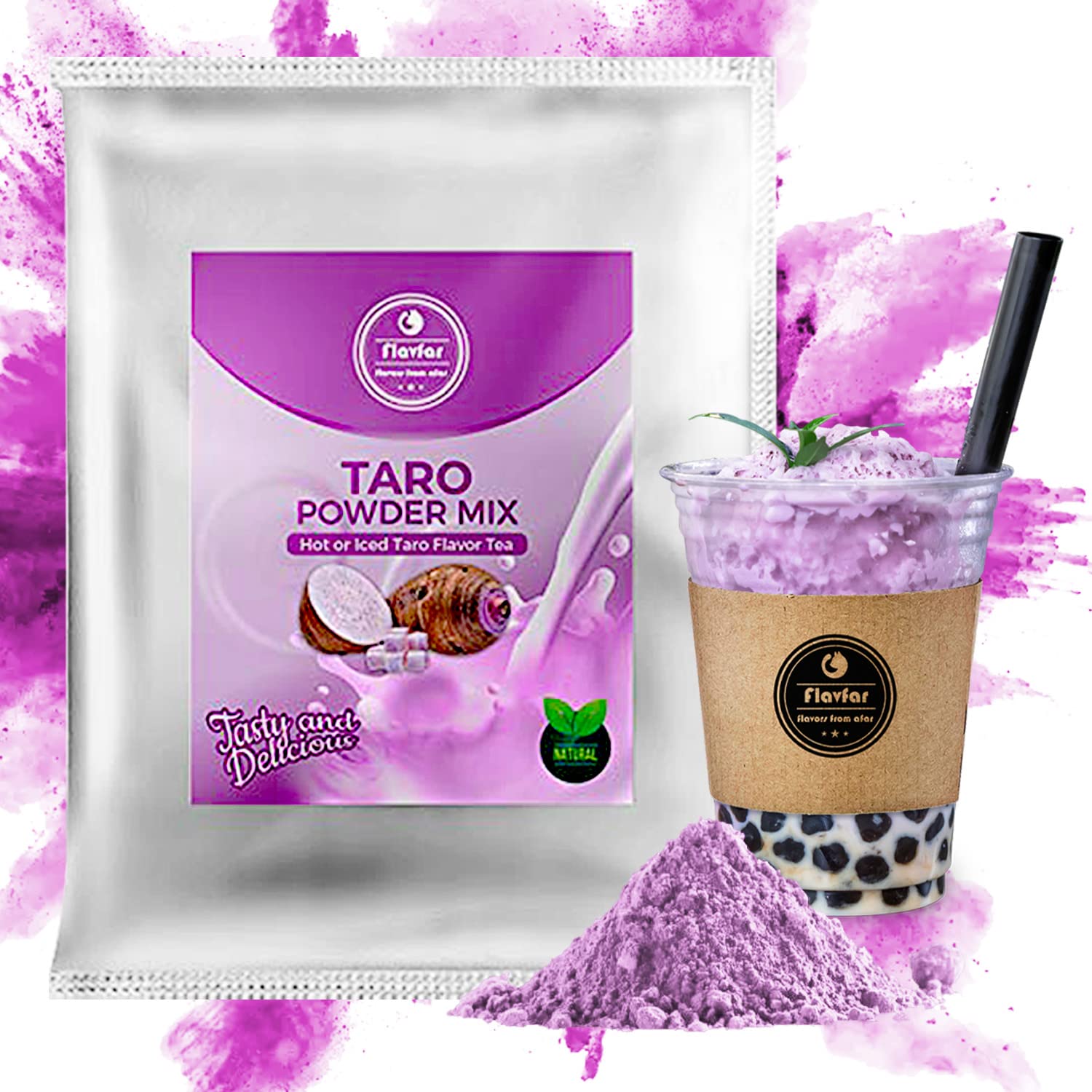 Flavfar Taro Milk Tea 2.2 Lb (1 Count), Powdered Instant Milk Tea Drink Mix, Serve Hot or Cold.- Less Sugar