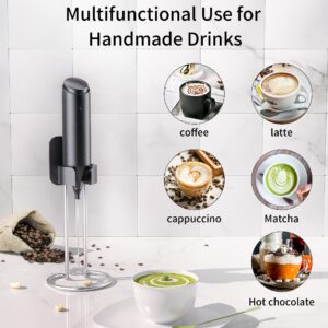 Milk Frother Handheld, BGFOX Drink Mixer Electric Handheld with Stainless Steel Stand, Rechargeable Frother for Coffee for Cappuccino, Latte, Protein Powder, Hot Chocolate, Matcha, Black