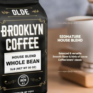 BROOKLYN COFFEE Whole Bean, House Blend Medium Roast (5lb) Balanced, Breakfast, Classic - Fresh Bulk Coffee Beans Roasted Weekly in NYC