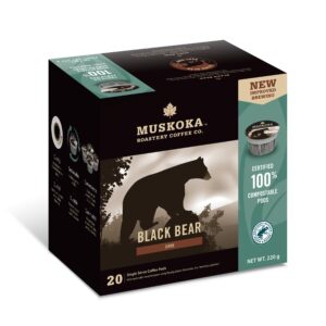 Muskoka Roastery Coffee, Black Bear, Dark Roast, 20 Single Serve Coffee Pods, Compatible with K-Cup Keurig Brewers