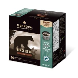 Muskoka Roastery Coffee, Black Bear, Dark Roast, 20 Single Serve Coffee Pods, Compatible with K-Cup Keurig Brewers