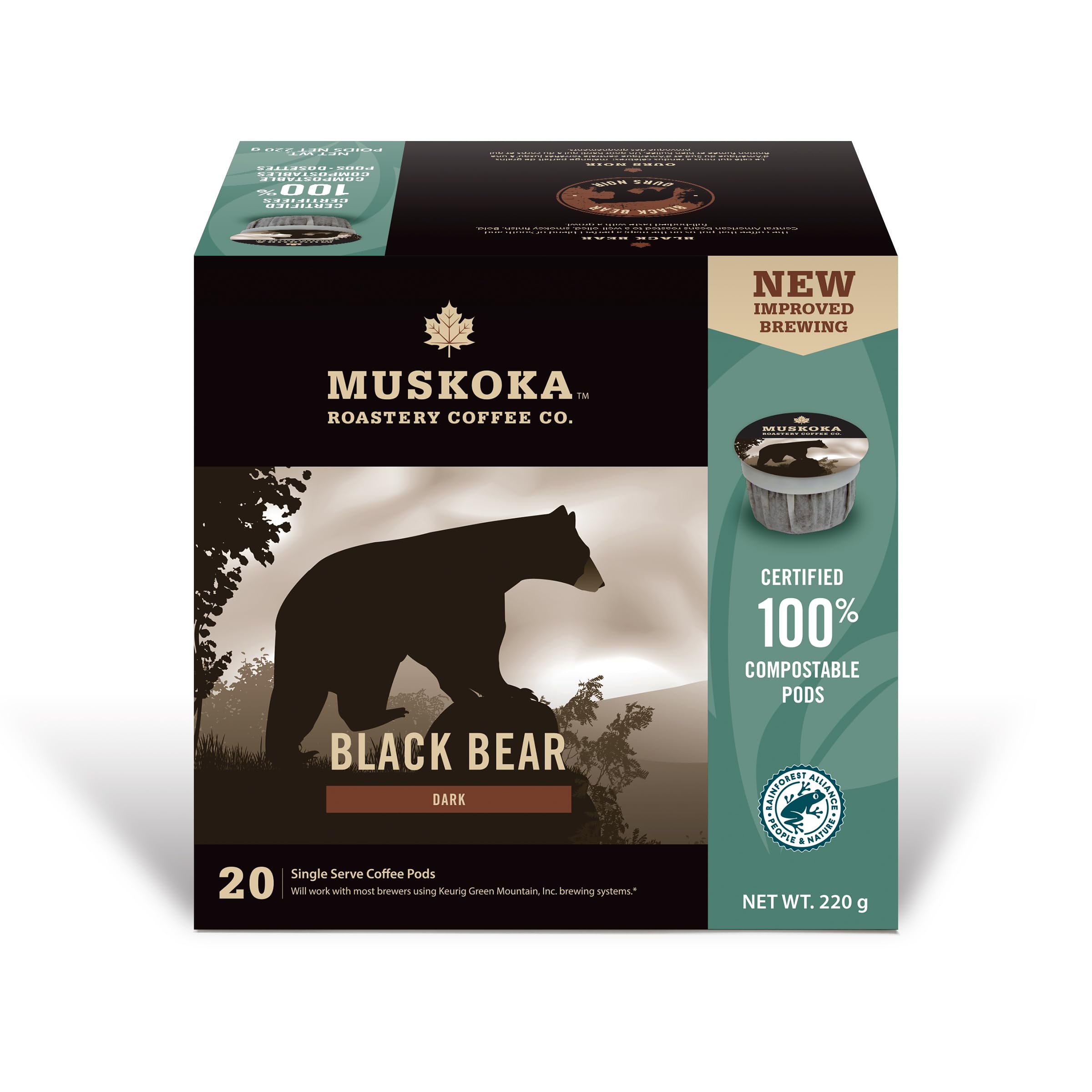 Muskoka Roastery Coffee, Black Bear, Dark Roast, 20 Single Serve Coffee Pods, Compatible with K-Cup Keurig Brewers