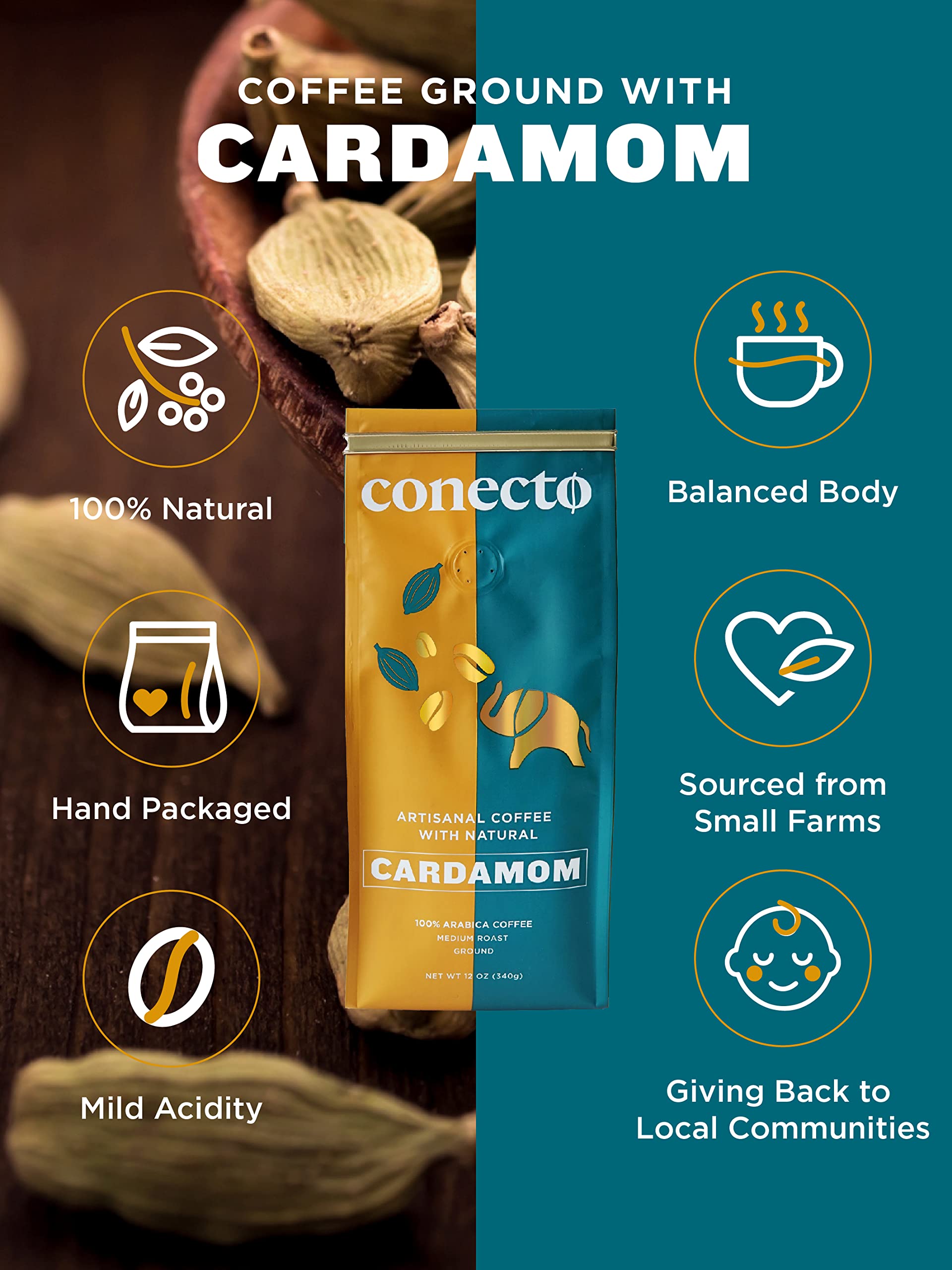 Conecto Cardamom Coffee: 100% Natural and Artisanal, Guatemalan Arabica Ground Coffee Flavored with Clay Pot Roasted Cardamom, Medium Roast and Mild Acidity (Ground 12oz)